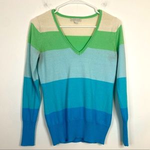 NEW YORK AND COMPANY Blue Green White Striped Knit Long Sleeve V Neck Sweater